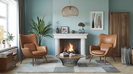 interior design mockup Brown leather chairs and grey sofa in room with fireplace Midcentury style home interior design of modern living room Nordic Calm Cool gray icy blue charcoal white Trompelil
