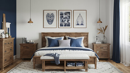 interior design mockup Rustic wooden bed with blue pillows and two bedside cabinets against white wall with three posters frames Farmhouse interior design of modern bedroom Navy and White Deep navy w