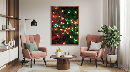 interior design mockup Two armchairs in room with white wall and big frame poster on it Scandinavian style interior design of modern living room Created with generative AI Festive Lights Bright red e