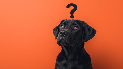 A curious black dog against a vibrant orange backdrop, expressing a sense of wonder, Ideal for pet-related blogs, advertisements, or social media content focused on dogs or inquiries,
