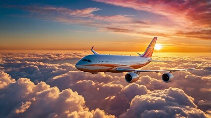 Fototapeta premium Airplane at Sunrise: Stunning Aerial View Above the Clouds
