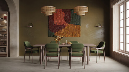 interior design mockup Interior design of modern dining room wooden table and green chairs 3d rendering Autumn Hues Rust pumpkin mustard dark green Mosaic Art