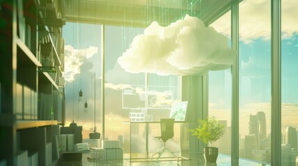 Cloud computing technology, devices connected to digital storage in data centers via the internet, IOT, smart home communications, laptops, tablets, phones, home appliances with online systems