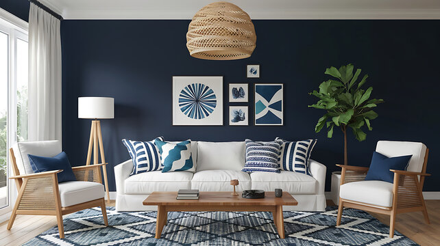 interior design mockup White sofa and armchairs in scandinavian style home interior design of modern living room Deep Sea Navy aqua cobalt blue dark teal Tribal Patterns