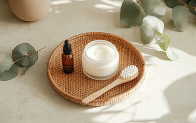 A bottle of oil and a jar of cream sit on a wooden tray