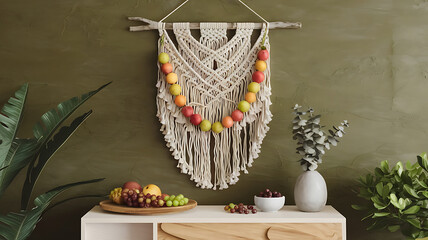 interior design mockup Bohemian Macrame Wall Hanging with Fresh Fruits and Organic Nuts for Artistic Display Riverbank Olive green khaki stone gray water blue Art Nouveau