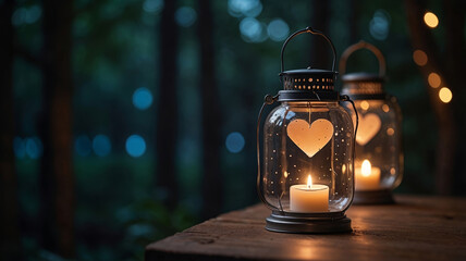 Floating heart-shaped glass lanterns with warm glowing lights