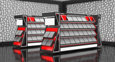 Black red color gondola mockups for retail in luxury electronics or cosmetics store interior. 3d illustration © Wire_man