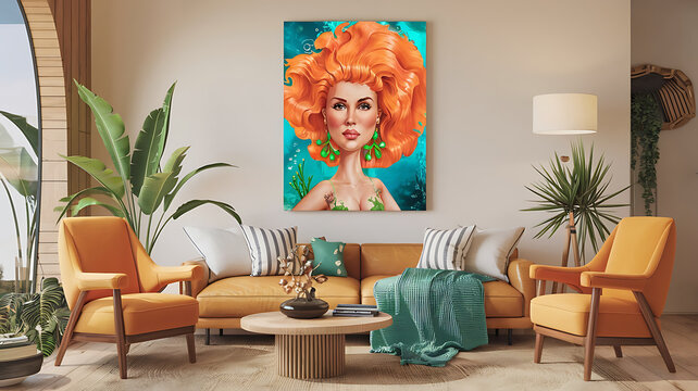 interior design mockup Stunning portrait of a woman with voluminous bright orange hair and green earrings conveying confidence and uniqueness in a warm and inviting atmosphere Under the Sea Aqua cora