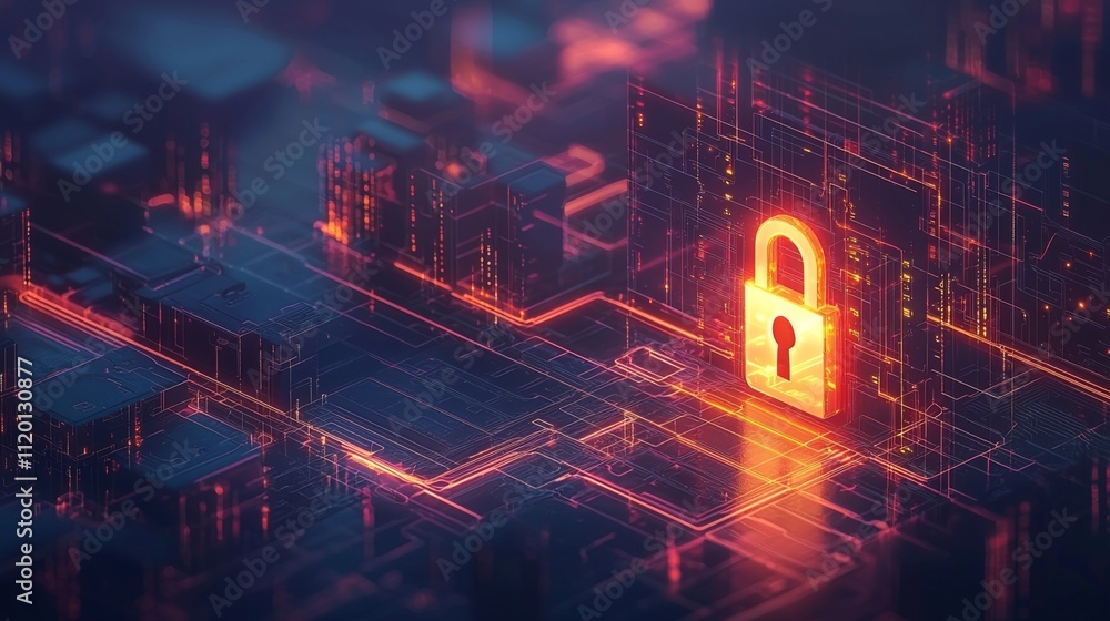 Poster a digital representation of cybersecurity, featuring a glowing lock amidst a network of interconnect
