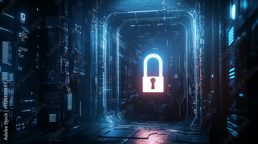 Poster a futuristic digital environment with a glowing padlock symbolizing cybersecurity and data protectio