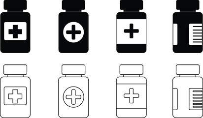 Medical pills bottle icon set. line and glyph version, outline filled vector sign. Medicine capsule vitamins and minerals pill linear pictogram. Symbol, logo . isolated on transparent background.