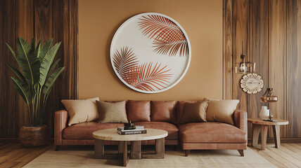 interior design mockup 3D rendering of a white circle frame with tropical palm leaves on a beige background in a minimalist style Savannah Sunset Amber brick red dark brown gold Steampunk