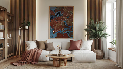 interior design mockup Minimalist Zen Den Whites and greys natural wood accents a meditation corner a peaceful and calming space Oil Painting Ochre deep red dark blue brown Fantasy Map Style