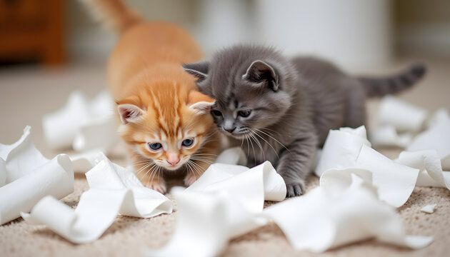 Two playful kittens, one orange and one gray, investigating scattered toilet paper on the floor