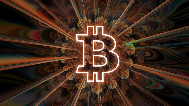 Abstract Bitcoin logo exploding in fractal designs for an artistic touch Photography copyspace glossy effect