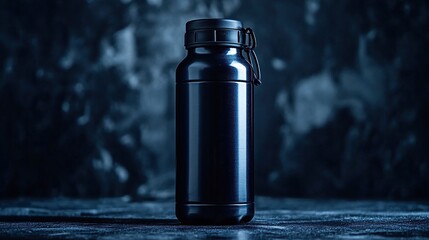 A sleek black water bottle on a dark textured surface, designed for hydration.