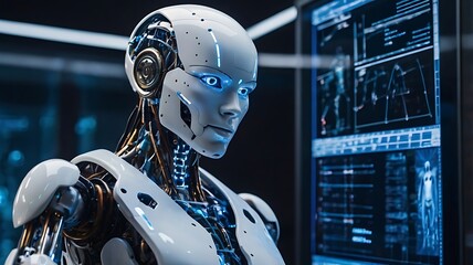 Fototapeta premium Advanced AI Research Lab: Robots & Data Streams in Futuristic Technology