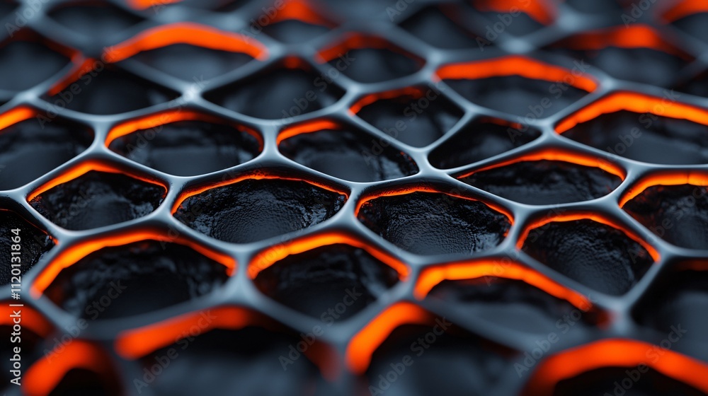 Poster texture hexagon pattern glowing orange with symmetry and vibrant flow for innovative visual science.