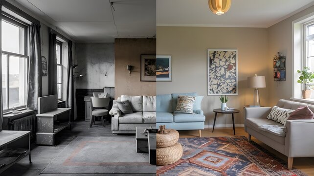 An image showing a living room before and after its transformation