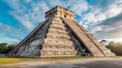 interior design mockup Imposing Mayan pyramid bathed in warm sunlight against vibrant sky Arctic Chill Light blue cool gray frosty white midnight blue Heroic Realism