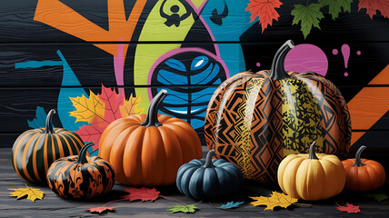 interior design mockup Colorful pumpkins and gourds with fall leaves on a wooden background Street Graffiti Neon orange electric blue lime green black Tribal Patterns
