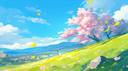 Fototapeta premium kawaii anime cartoon spring season blooming flower Meadow and mountain forest happy day background