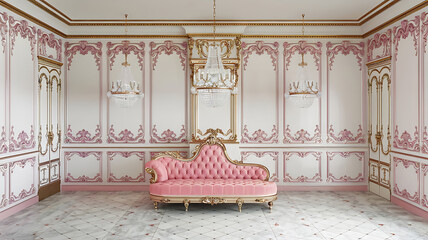 interior design mockup ornate detailed white and pink vintage rococo style empty palace room with crystal chandeliers and tufted pink silk chaise longue Rose Gold Blush pink gold cream soft gray Comi