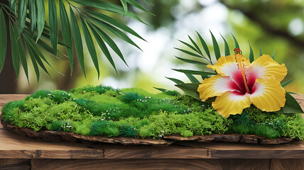 interior design mockup Natural green moss on a wooden table against blurred greenery background close up with copy space Tropical Summer Bright teal sunny yellow hibiscus red palm green Fantasy Creat