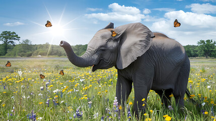 Wildlife A baby elephant playing with butterflies in a wildflower field under a bright sunny sky Photography copyspace Negative Space Use large areas of negative space to create a minimalist effect