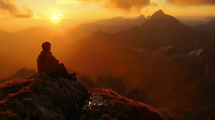 Obraz premium Imagine you're sitting on a mountaintop, watching the sun set. What sounds, sights, and feelings accompany this experience