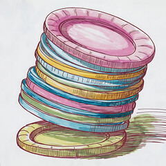 stack of colorful paper plates about to topple overplatetastic collapse isolated on white background cutout png design asset funny conceptWatercolor Pen Painting