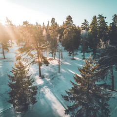 Golden hour drone view ofsnowy forest with sunlight filtering through trees isolated on white background cutout png design asset funny conceptWoodcut