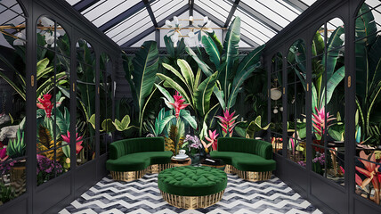 interior design mockup Tropical Conservatory Deep greens lush plants colorful birds a vibrant and exotic space Midnight Gold Midnight blue gold charcoal white Watercolor