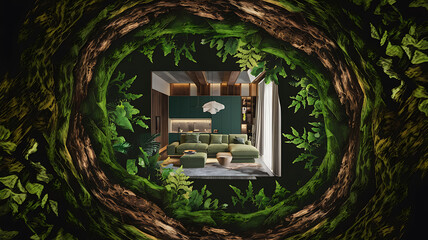 interior design mockup Interior design of modern house 3d rendering Forest Depths Dark green moss bark brown fern green Op Art Optical Art
