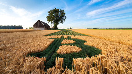 Farming A quaint farm where crops grow in the shape of Bitcoin logos in golden wheat fields Photography copyspace