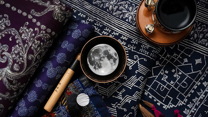 interior design mockup African traditional musical instruments and colorful fabrics with intricate patterns and vibrant colors conveying a sense of cultural richness and artistic heritage Moonlit Nig