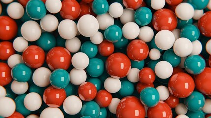 spheres in red white and turquoise colors with symmetry and playful interaction in creative visual shapes.






