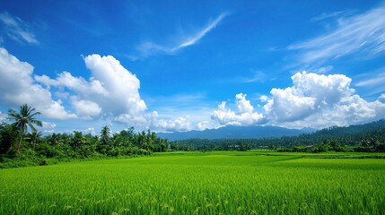 Obraz premium Serene Blue Sky over Lush Green Landscape with Fluffy Clouds
