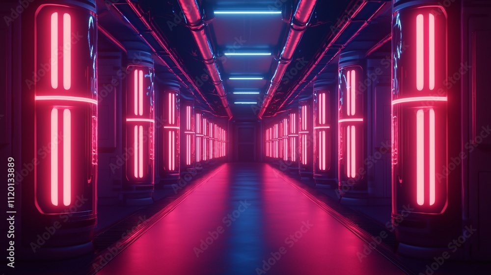 Poster material corridor with neon lights and futuristic technology creating a surreal atmosphere and uniqu