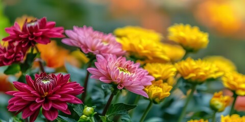 A close-up of blooming dahlias and chrysanthemums in a garden, capturing the colors of fall.