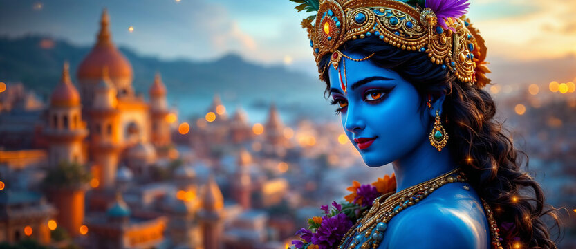 Portrait of lord Krishna, Dwarka city in the background