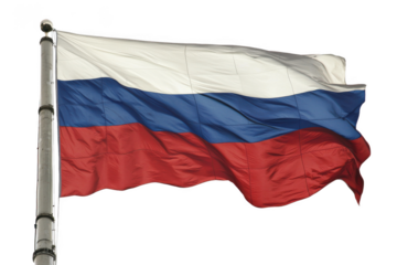 Waving Russia flag on a flagpole on white background