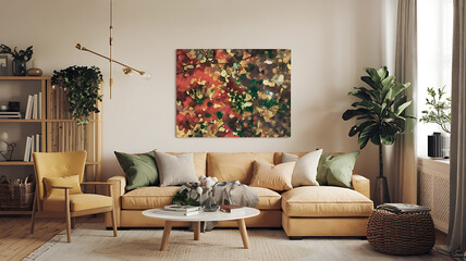 interior design mockup Boho japandi home interior design of modern living room witah light tones centered on natural materials and featuring soft neutral decor accents Festive Lights Bright red emera