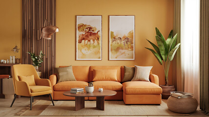 interior design mockup Interior with orange sofa and coffee table 3d rendering Safari Adventure Olive khaki deep brown soft yellow Watercolor