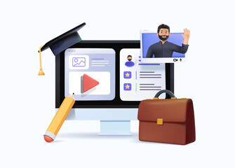 Business training abstract concept vector 3D illustration set. Online conference, business coaching and mentoring, corporate literature, digital meetup, brand newsletter, success abstract metaphor