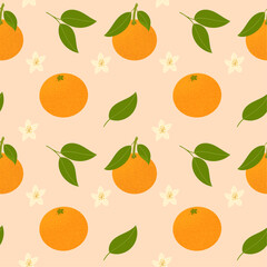Seamless pattern of tangerines, flowers and leaves. Background with oranges, tangerines. Citrus tropical fruits. Vector pattern, flat style.