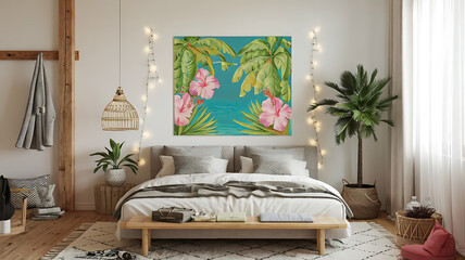 interior design mockup Minimalistic cozy bedroom interior with fairy lights and soft bedding in neutral colors creating a warm and inviting atmosphere for relaxation and comfort Tropical Paradise Tur