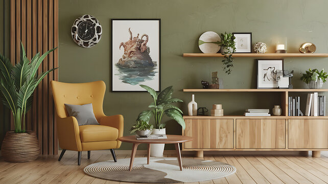 interior design mockup Interior of living room with armchair and plant 3d rendering Riverbank Olive green khaki stone gray water blue Fantasy Creature Design