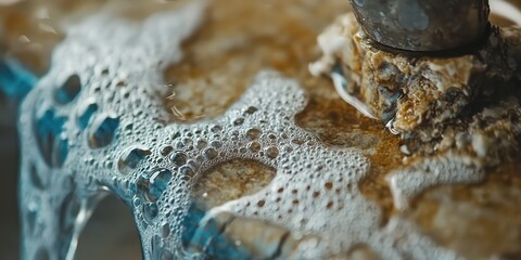 A close-up of hard water stains and mineral buildup on a faucet, showing white deposits.
